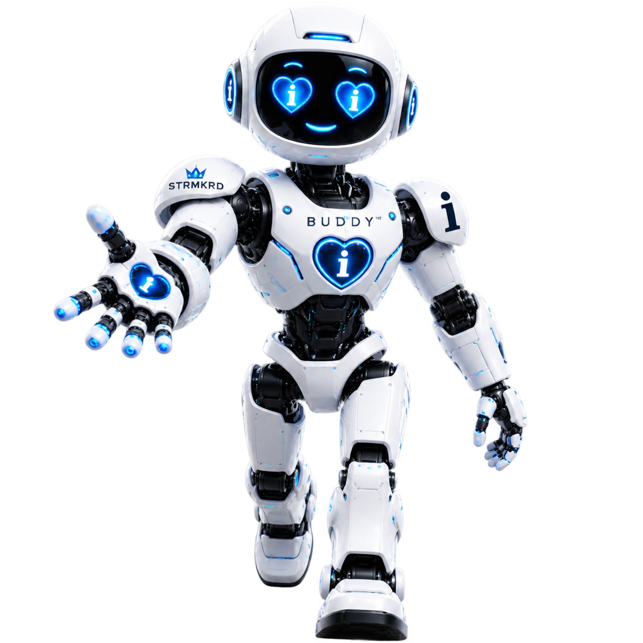 Buddy, the STRMKRD robot with glowing blue i-heart eyes